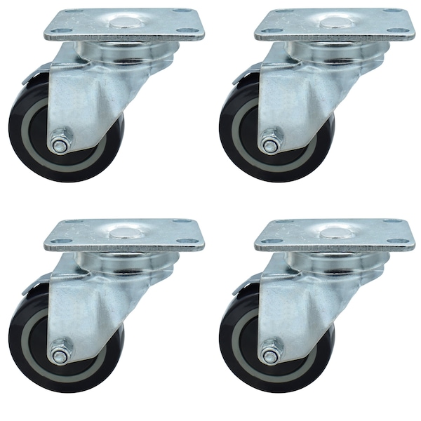 3-inch Plate Casters, Polyurethane Wheels, Top Lock Brake, 300lb Capacity, 4PK